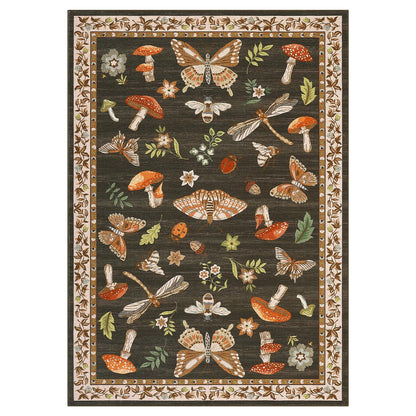 ROYHOME Mushroom Washable Rug 5x7 Area Rugs for Living Room, Insect Print Rug for Bedroom, Non Slip Throw Carpet with Rubber Back, Soft Low Pile Dining Room, Brown