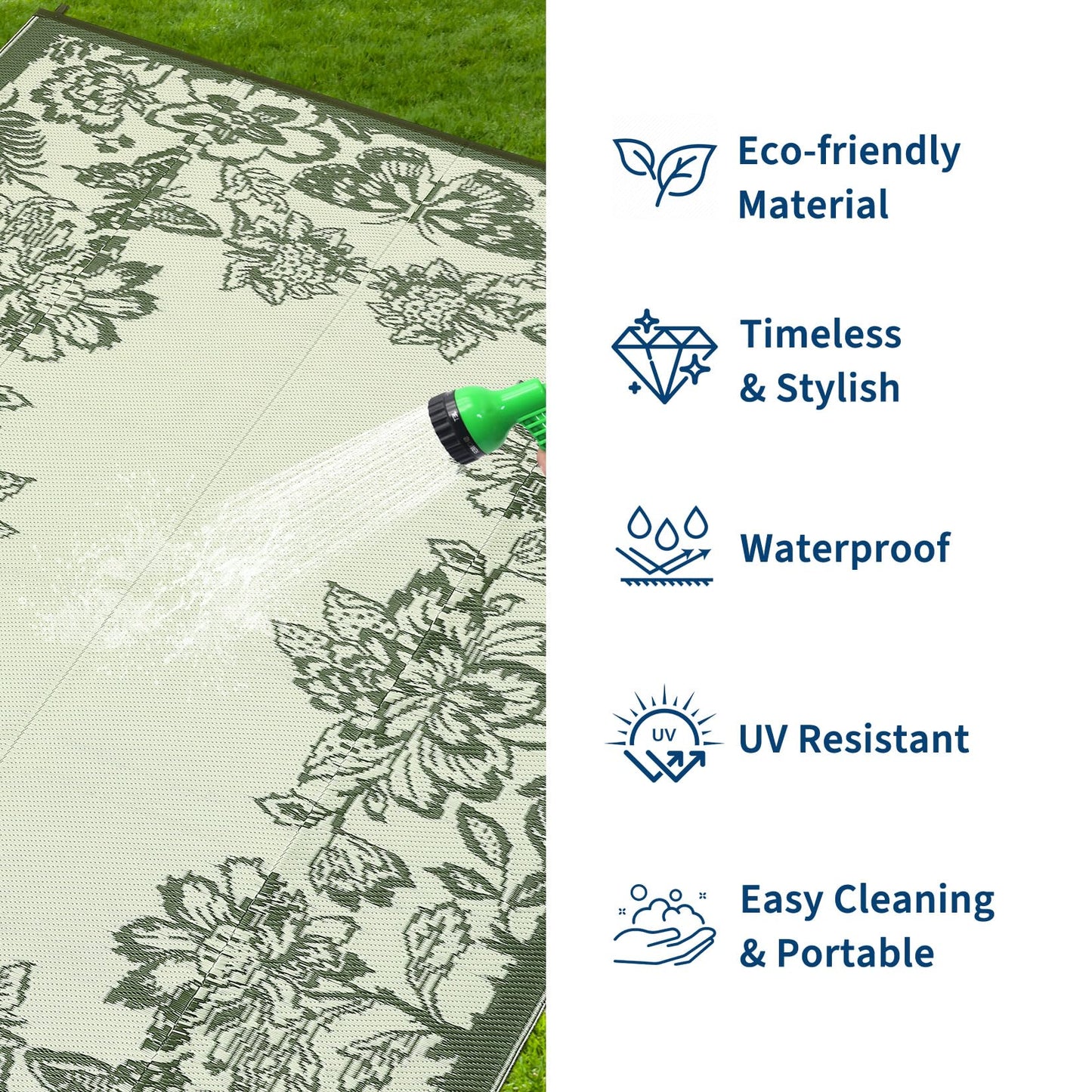 GarveeHome Outdoor Rug 9x18 Patio Waterproof, Reversible Plastic Straw Rugs for Camping, Picnic, Balcony, Porch, RV, Easy-Clean & Quick Dry Floral Pattern Large Indoor Outdoor Carpet, Green
