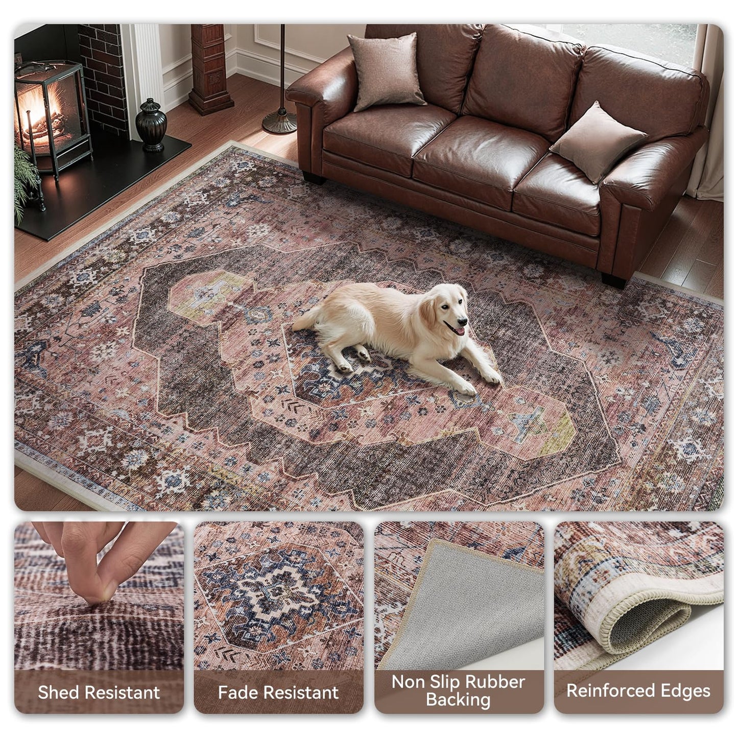 Pink Brown 5x7 Area Rugs for Bedroom Living Room Rug Girl Nursery Rug for Study Room Dining Room Rugs Carpet Washable Easy Care Non Slip Soft
