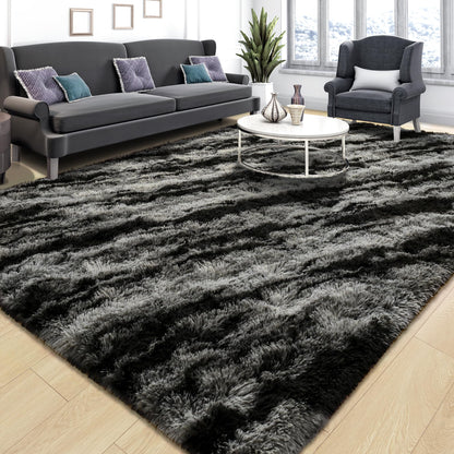 Tepook Fluffy Large Rugs for Living Room, 8x10 Area Rugs for Bedroom, Modern Shag Fuzzy Carpets for Kids Boys Girls, Plush Indoor Nursery Home Decor Rug with Non-Slip Bottom, Black Grey