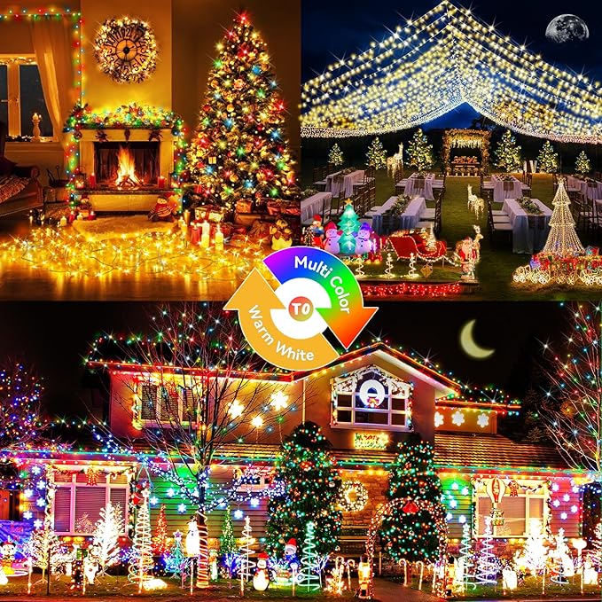 Hezbjiti 108 FT 300 LED Color Changing Christmas Lights Outdoor, 11 Modes String Lights IP44 Waterproof Fairy Lights for Party Tree Yard Porch Wedding (Warm White to Multicolor, Green Wire)