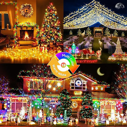 Hezbjiti 108 FT 300 LED Color Changing Christmas Lights Outdoor, 11 Modes String Lights IP44 Waterproof Fairy Lights for Party Tree Yard Porch Wedding (Warm White to Multicolor, Green Wire)