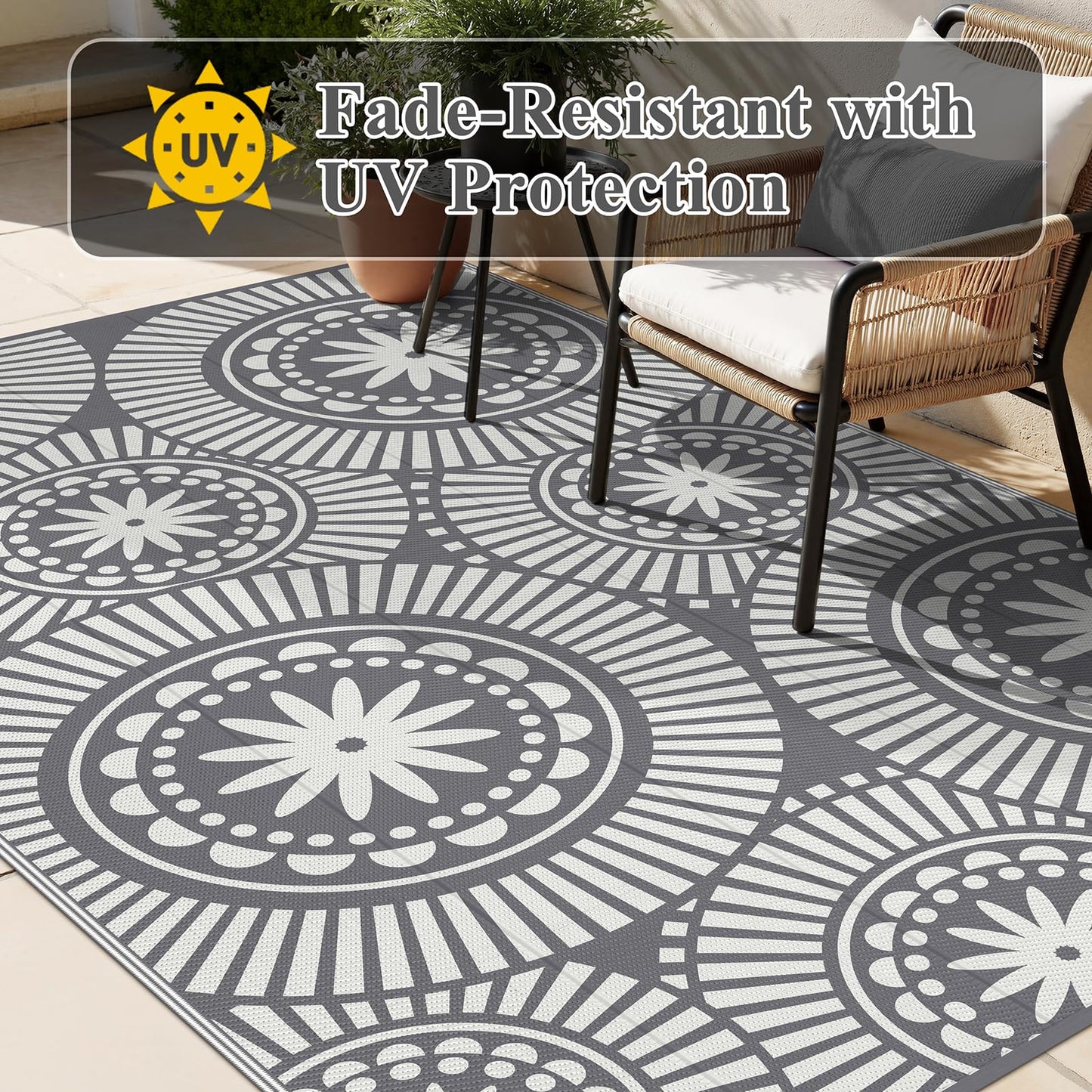 Ileading Outdoor Patio Rug Waterproof, Reversible Plastic Straw Mat, Grey Geometric Outside Carpet Quick Dry, Portable Area Rug for Deck Porch Balcony Camping RV (6×9 ft)