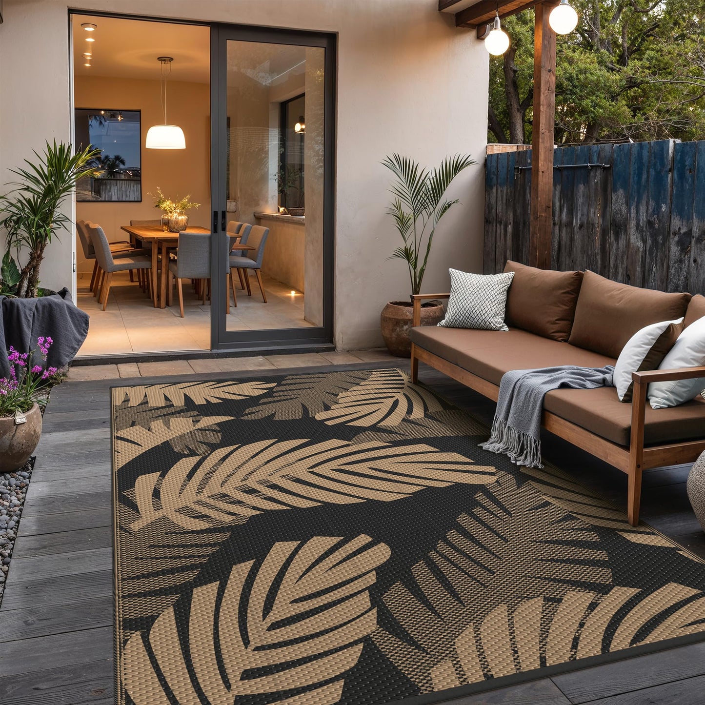GENIMO Waterproof Outdoor Rug 5' x 8' for Patio Decor, Reversible Plastic Straw Area Rugs for Camping Clearance, RV Mat, Large Outside Carpet for Porch, Deck, Picni, Balcony, Garden, Black & Brown