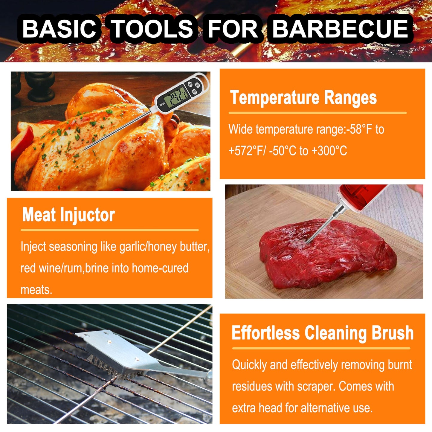 grilljoy 24PCS BBQ Grill Tools Set with Meat Thermometer and Injector - Extra Thick Stainless Steel Fork, Spatula& Tongs - Complete BBQ Accessories in - Perfect Grill Gifts for Father's Day