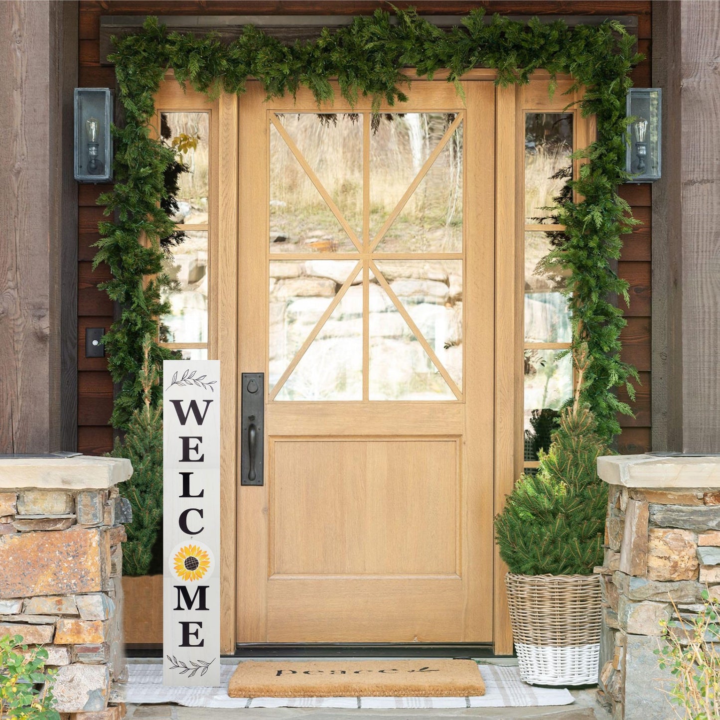 Perfnique Interchangeable Welcome sign for front porch standing, 47 x 7.9 Inch Black Wooden Leaner Sign with 10 Interchangeable Designed Icons, Modern Farmhouse Rustic Seasonal Decor for Spring Easter Fall Christmas (White)
