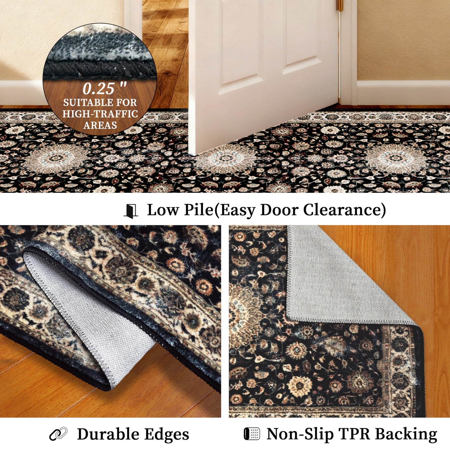 XSYarn Hallway Washable Runner Rug 2'x6' Vintage Soft Farmhouse Entryway Kitchen Runner TPR Non-Slip Low-Pile Boho Floor Carpet Runners for Bedroom Bathroom Laundry Room, Brown