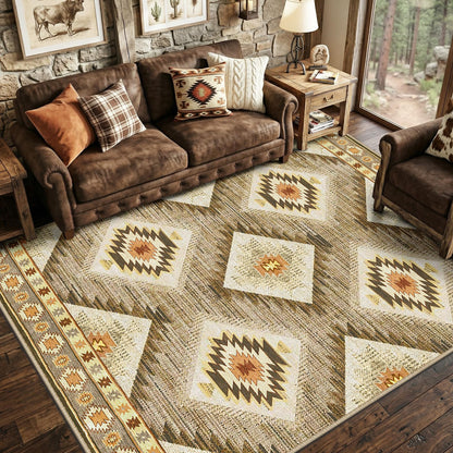 Area Rug 8x10 Rug Machine Washable Non-Slip Low Pile Print Pattern Western Rug for Living Room Bedroom Entryway Tribal Series -Cream/Camel