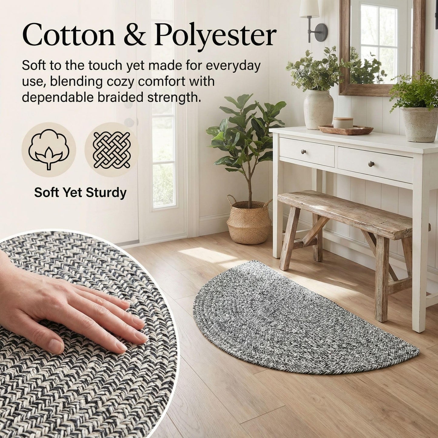 Super Area Rugs Half Circle Braided Rug, Cotton Half Round Kitchen Rug, Hearth Rug for Living Room, Reversible Half Circle Indoor Mat, Black & White, 20"x40"