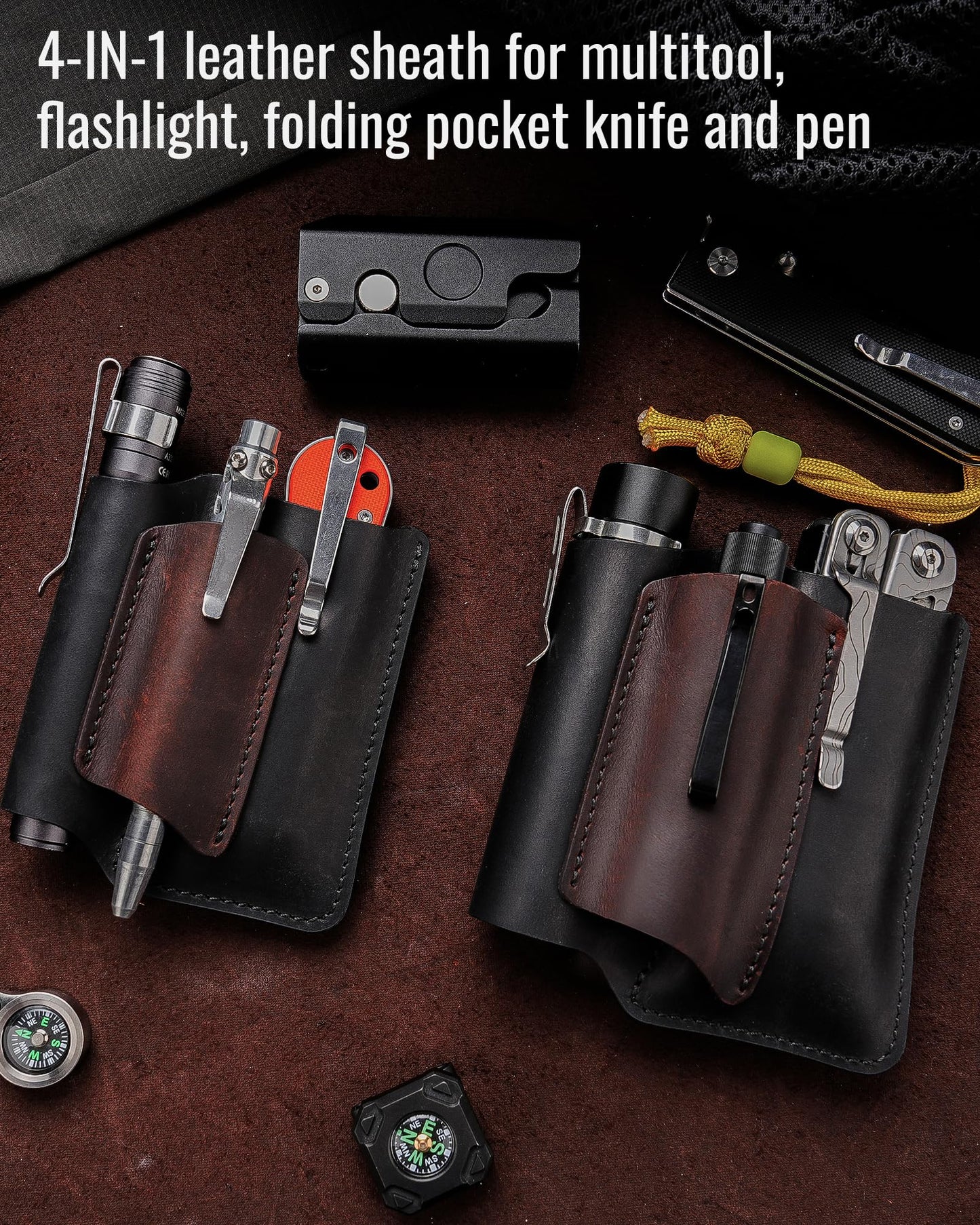 VIPERAED PJ38 Leather Multitool Sheath for Men, 4-in-1 Utility Leather Holster, EDC Pocket Organizer for Pocket Knife Multitool Flashlight and Pen