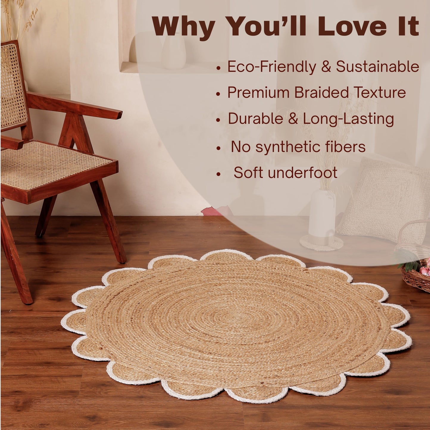 RUGSWEAVE Jute Braided Area Rug - 4'x4' Round Vintage Farmhouse Rug, Handmade Circle Boho Area Rug for Living Room, Bedroom, Natural x White Trim