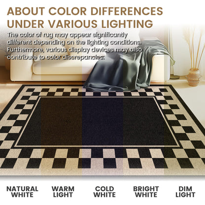 JROSING Washable Checkered Easy Jute Rug 5x7, Black Checkerboard Geometric Modern Outdoor Indoor Patio Large Bordered Rug, Woven Thin Carpet for Living Dining Play Room Bedroom Classroom Kids Nursery