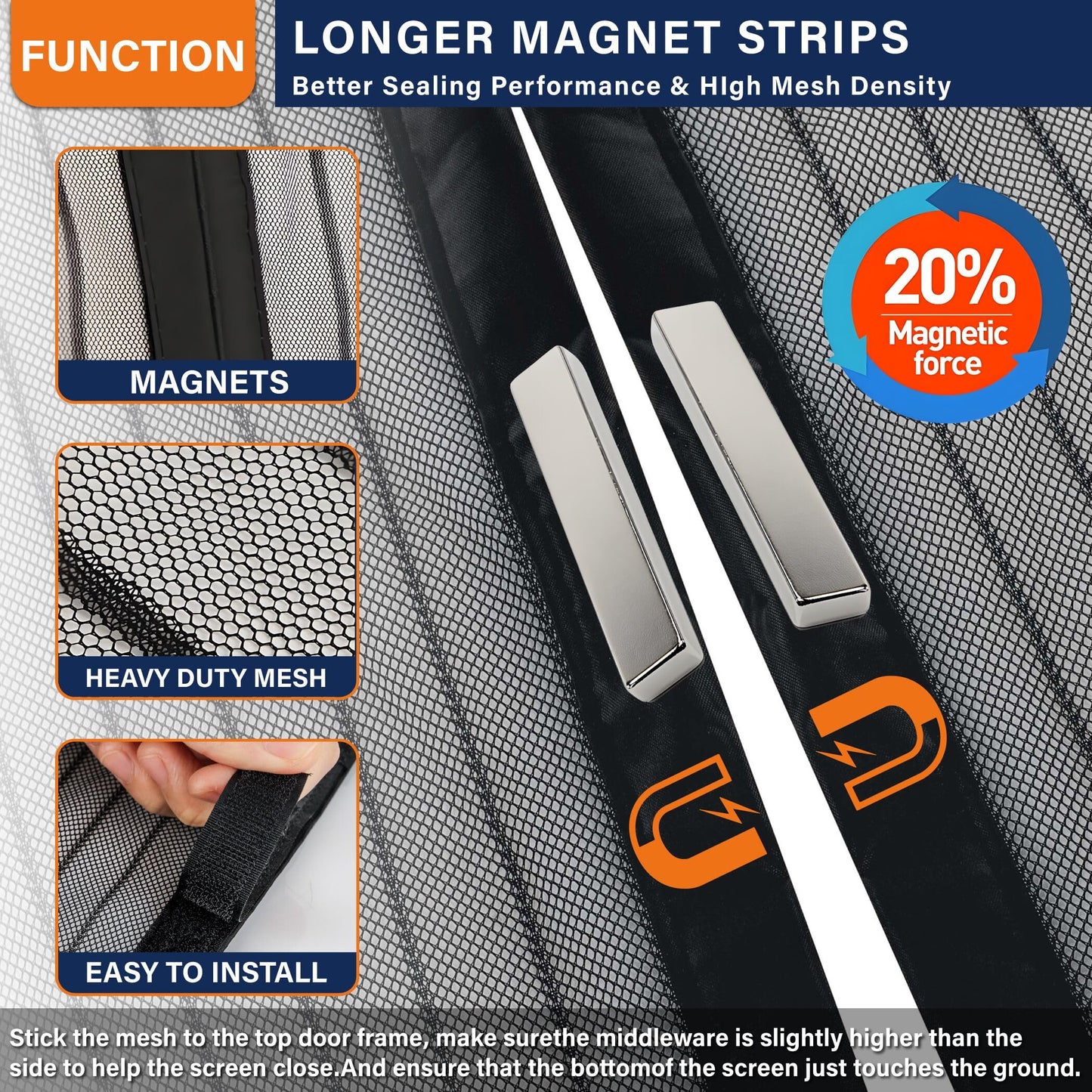 Magnetic Screen Door, Heavy Duty Door Screen Magnetic Closure Keep Bugs Out,Pet & Kid Friendly，Hands Free Door Screen Fit Door Size 60 x 80 Inches