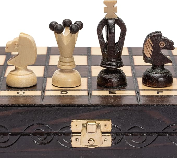 Husaria European International Chess Wooden Game Set King's Continental - 13.8 Inches Medium Size Chess Set with Handcrafted Chessmen and Felted Folding Board