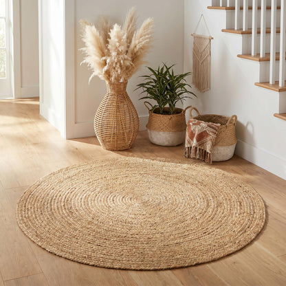 Jute Braided Area Rug, Natural - 4 Feet Round, Boho Neutral Rattan Circle Hand Woven Rugs for Living Room, Bedroom, Nursery, Kitchen, Indoor Use | Farmhouse Rustic Patio Floor Mat for Home Décor