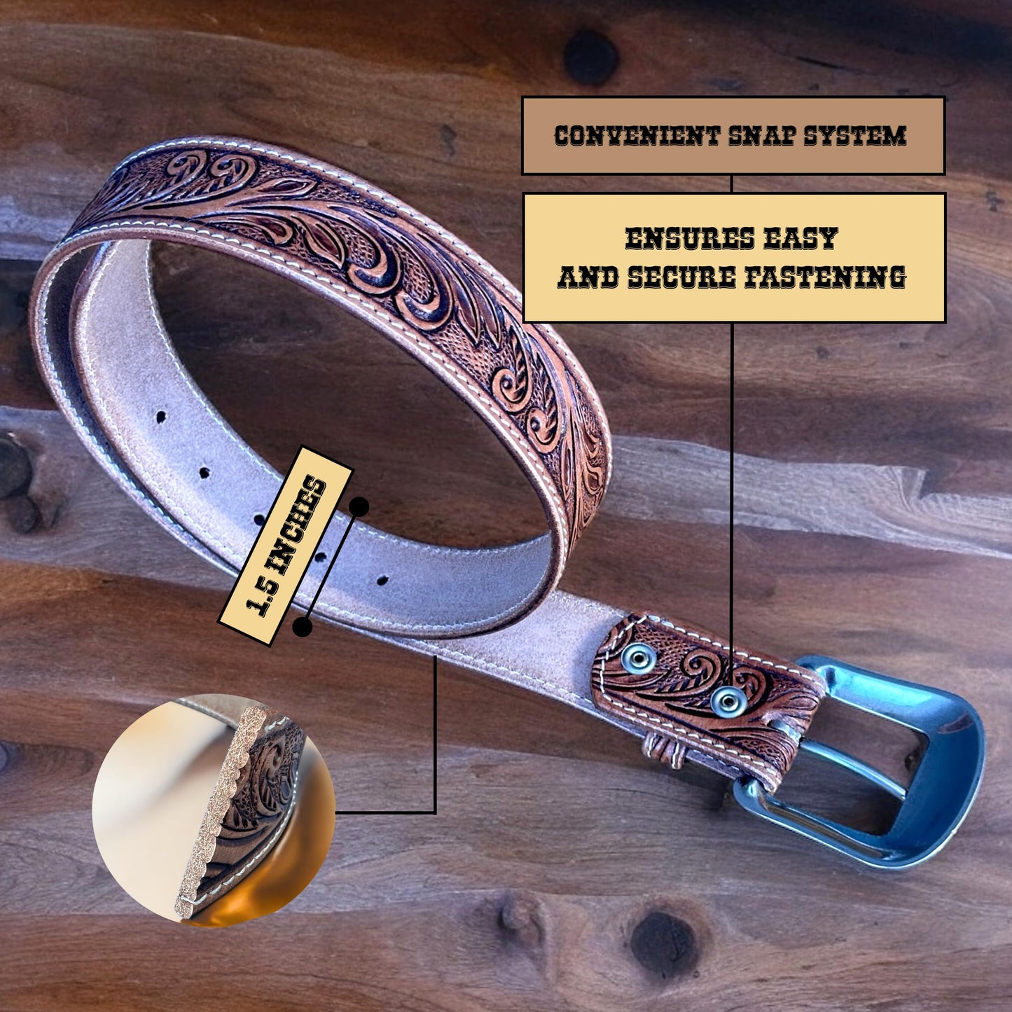 DANIEL'S ARTPLANET Western Belt for Men 1.5” Wide Full Grain One Piece Leather Belt with Buckle Handmade Engraved Tooled (Brown, 40)
