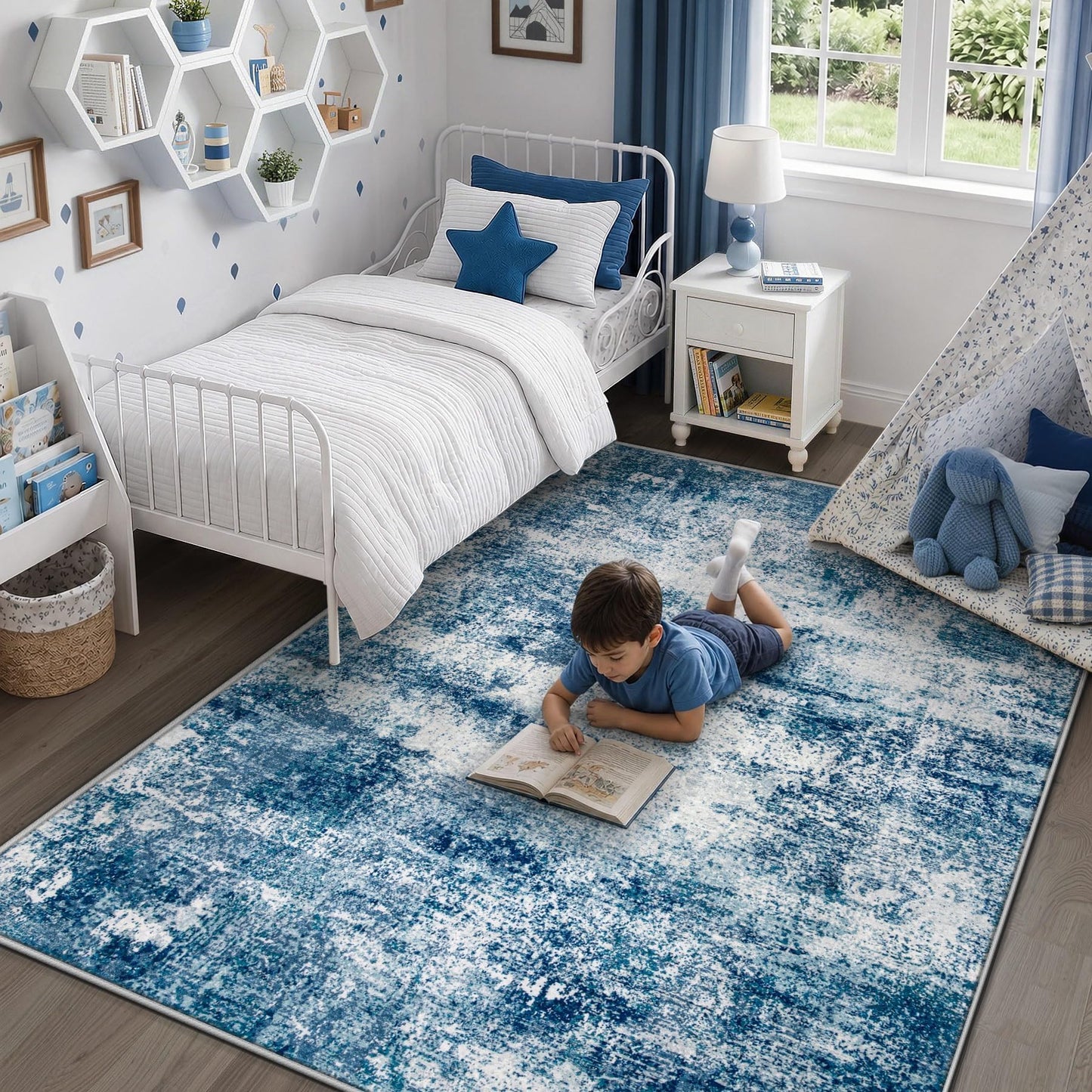 5x7 Area Rugs for Living Room, Washable Modern Abstract Rug Non-Slip Soft Low Pile Stain Resistant Carpet for Bedroom Nursery Dining Room Home Office (Blue, 5'x7')