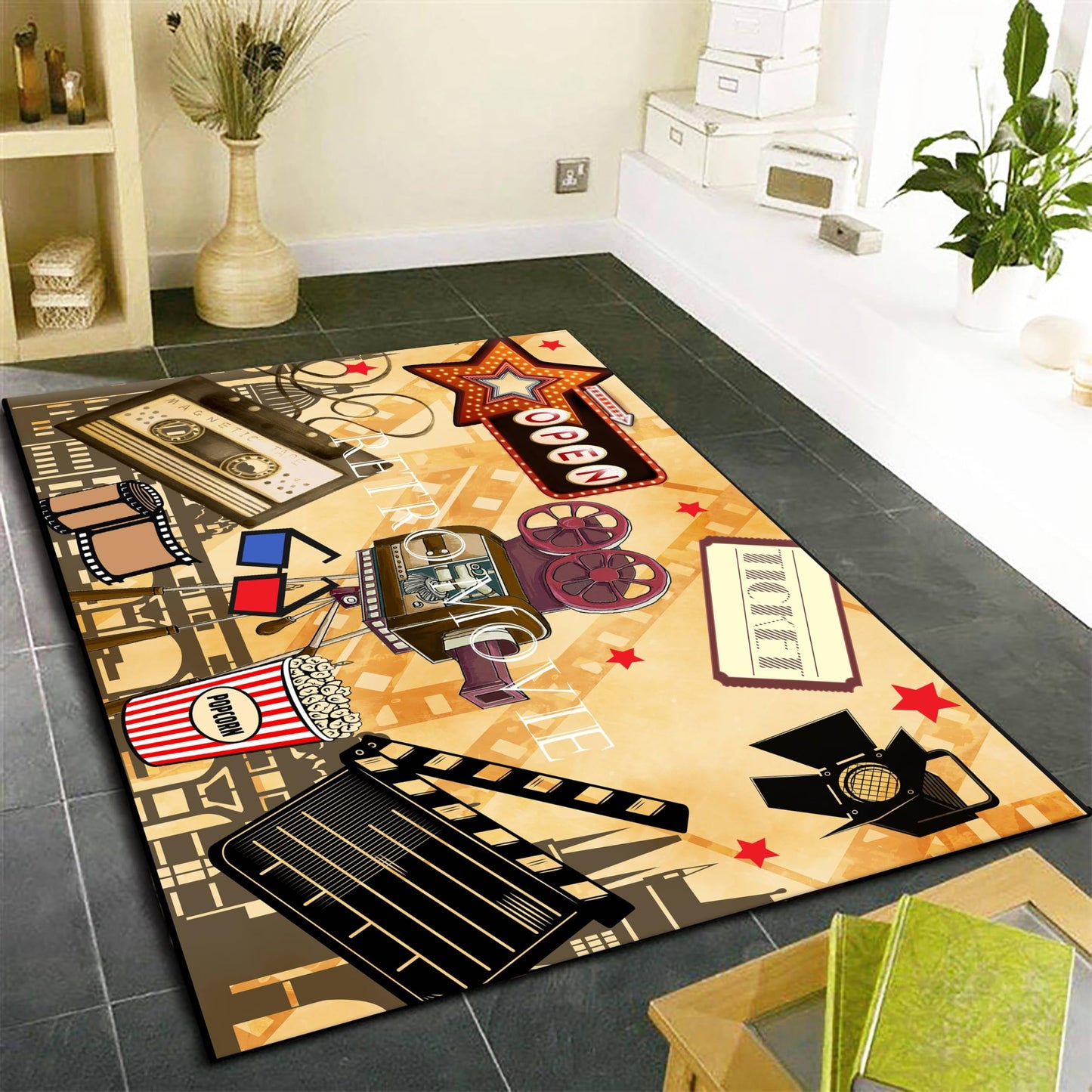 Retro Movie Themed Living Room Rugs, 4x5ft, Movie Camera Star Clapperboard Film Reel Hallway Carpet, Shed Resistant Absorbent Easy Clean Foldable Rugs for Indoor Study Room