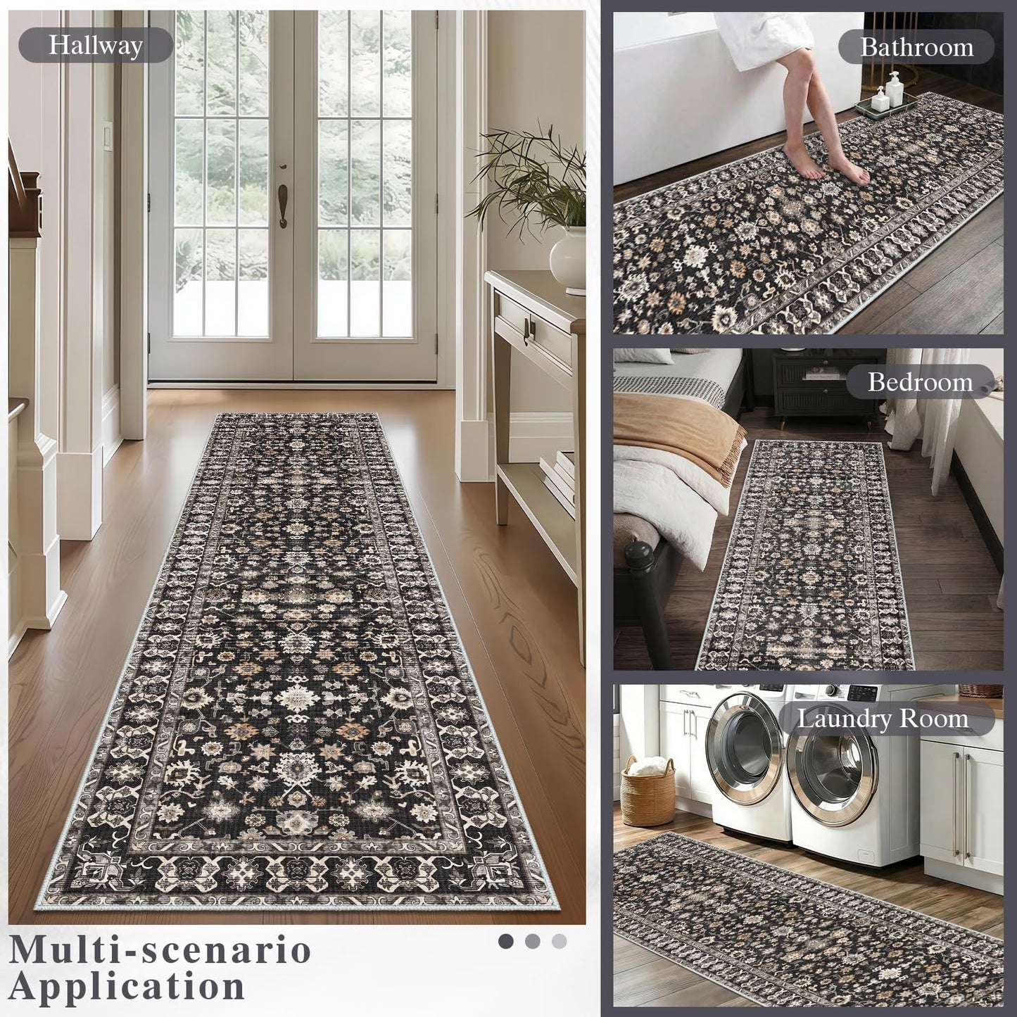 Washable 2x3 Area Rug for Entry Bathroom Kitchen Bedroom Carpet - Indoor Soft Non Slip Low Pile Throw Small Door mat - Protect Hardwood and Laminate Flooring Floral Farmhouse Decor 2x3 Black