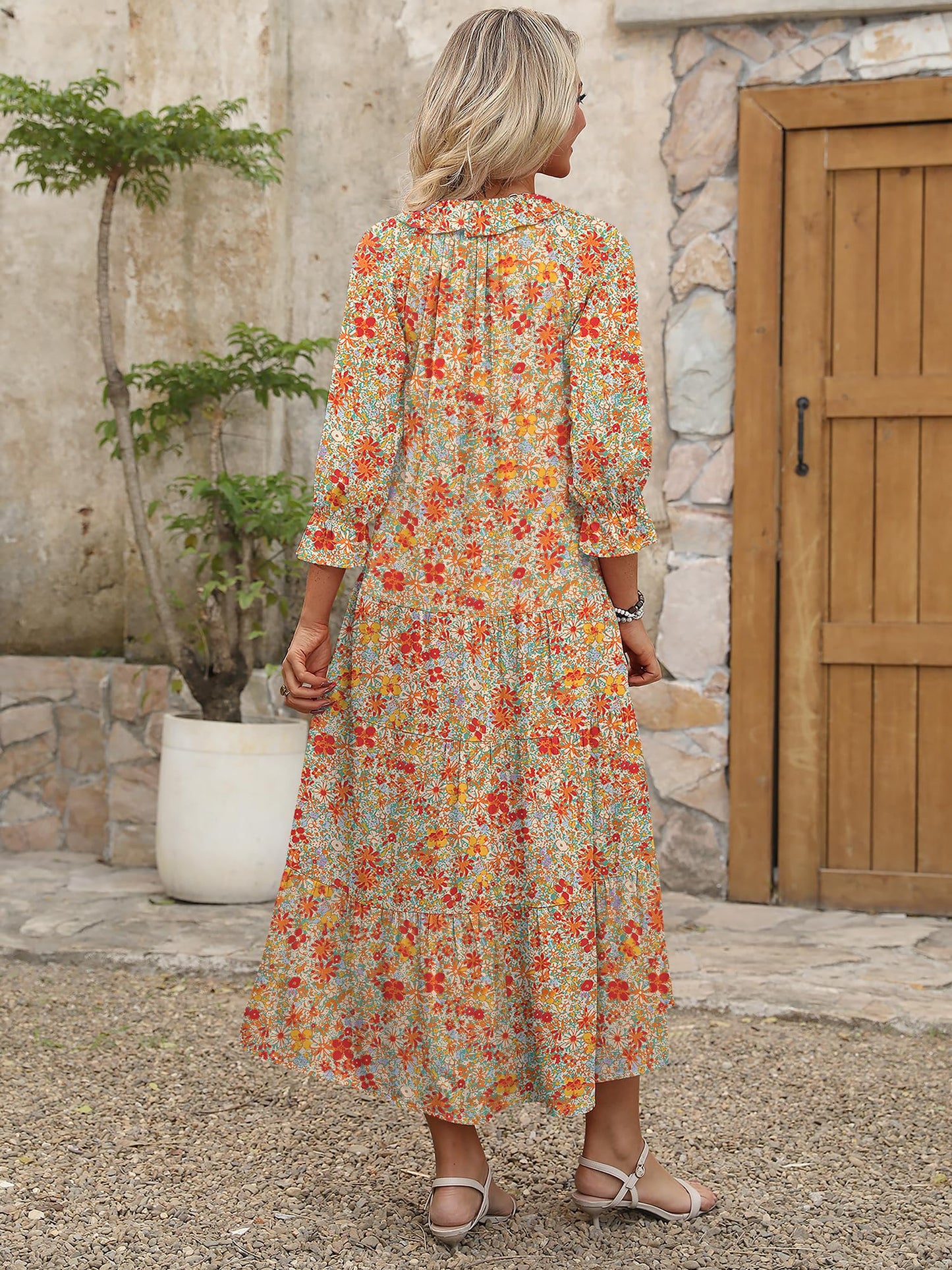 ANRABESS Women's Boho Maxi Dresses 2025 Summer Casual V Neck Puff Sleeve Floral Tiered Flowy Swing Beach Vacation Long Dress