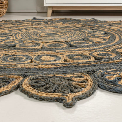 JONATHAN Y Flora Medallion Jute Blue/Natural 4' Round Indoor Area Rug, Bohemian, Contemporary, Easy-Cleaning for Living Room, Bedroom, Kitchen, Pet Friendly, Non-Shedding (RNF118A-4R)
