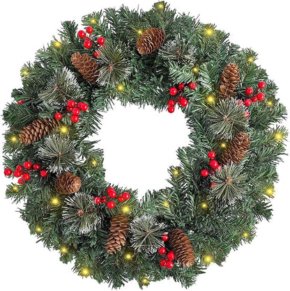 FR Artificial Pre-Lit Fir Christmas Wreath Holiday Accent Decoration, Wintry Pine, Decorated with Pine Cones Berry Clusters, with LED Lights Battery Operated for Door, Mantel - 16 Inch