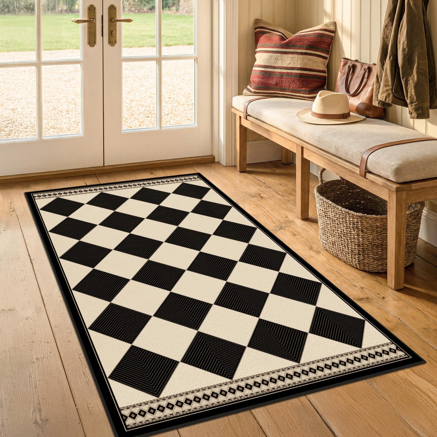 Black and White Diamond Outdoor Easy Jute Front Porch Rug 3x5, Washable Non-Slip Checkered Entryway Rug, Modern Farmhouse Boho Low Pile Indoor Carpet for Living Room, Kitchen, Mudroom, Laundry Room