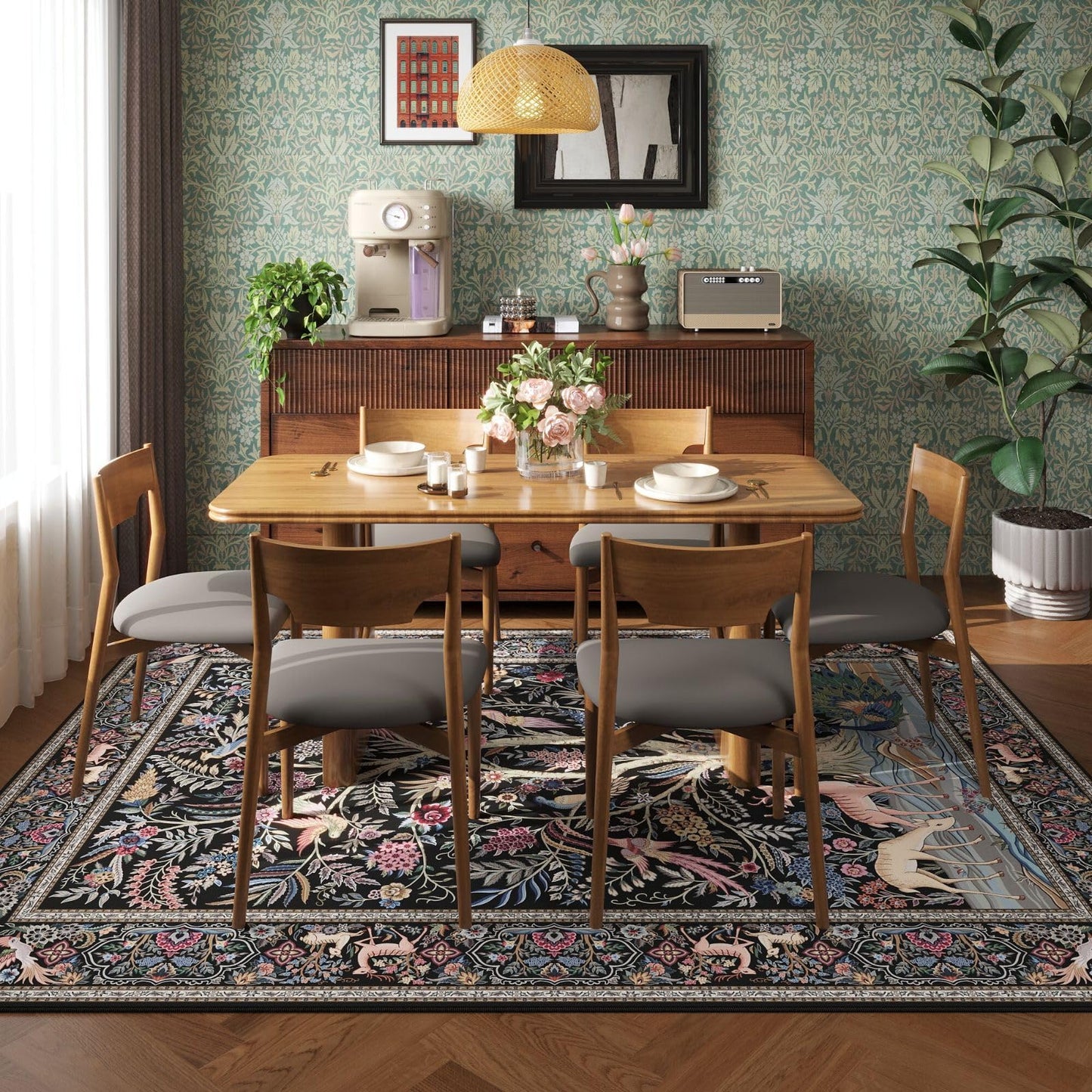Rugcomf Area Rugs 5x7 Vibrant Tree of Life-Patterned Vintage Washable Area Rug Non Slip Low Pile Large Rugs for Living Room Bedroom Farmhouse Dining Room Kids Playroom, Black