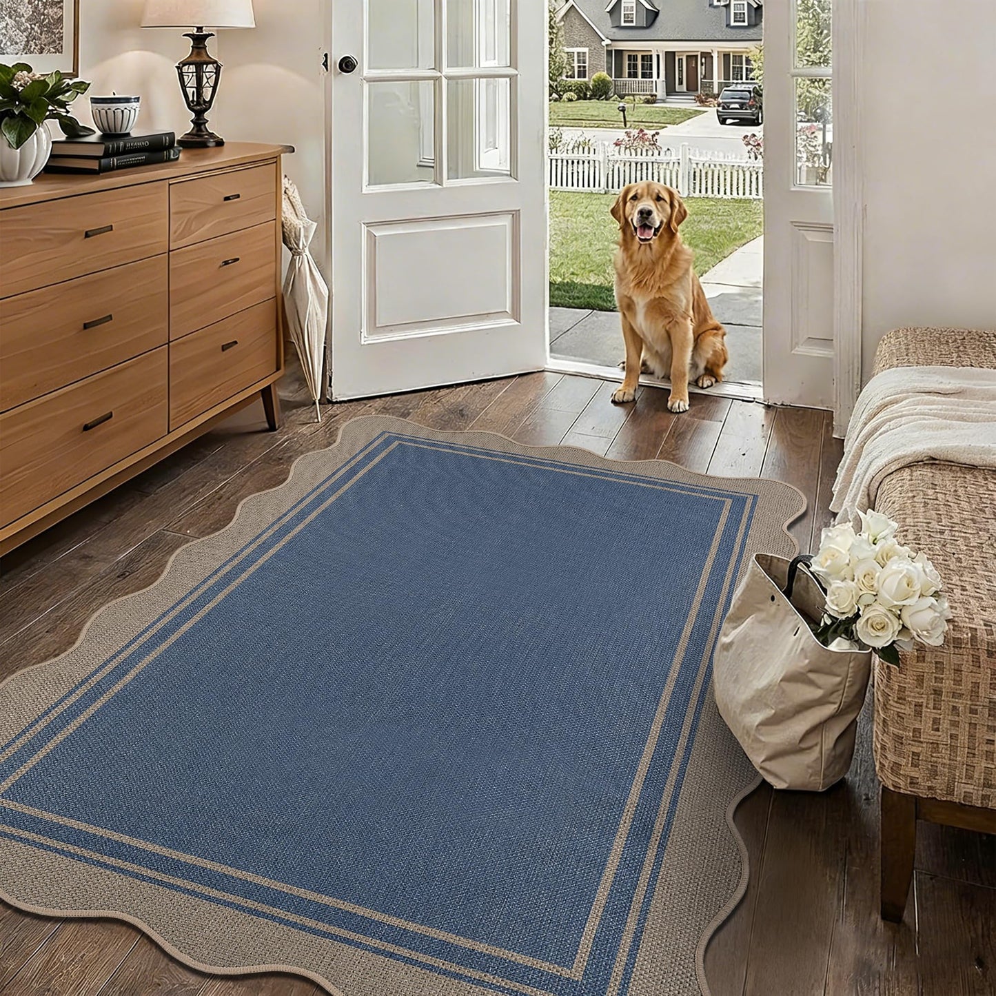 Easy Jute 3x5 Outdoor Rug Washable Non Slip Rug for Entryway Indoor Outdoor Farmhouse Neutral Scalloped Carpet for Backyard Patio Proch Living Room