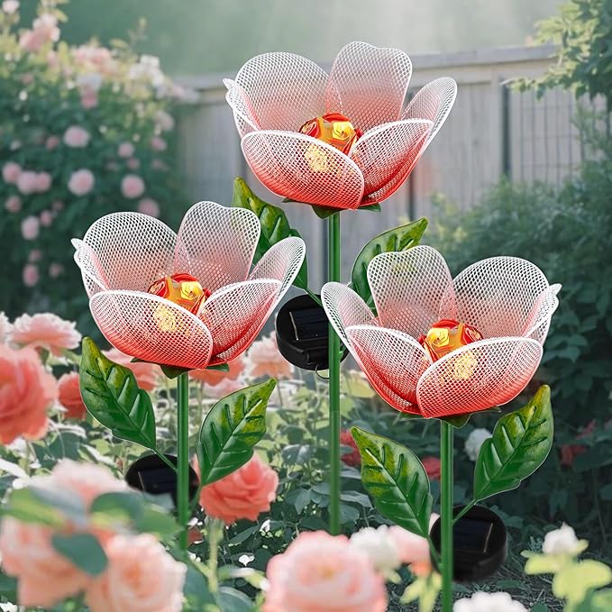Flower Solar Lights for Outside,2 Pack Metal Flower Solar Lights for Outside,Tulip Solar Powered Garden Light Outdoor Decor,Housewarming Ornament for Patio, Lawn, Yard, Pathway (Breathing Light)