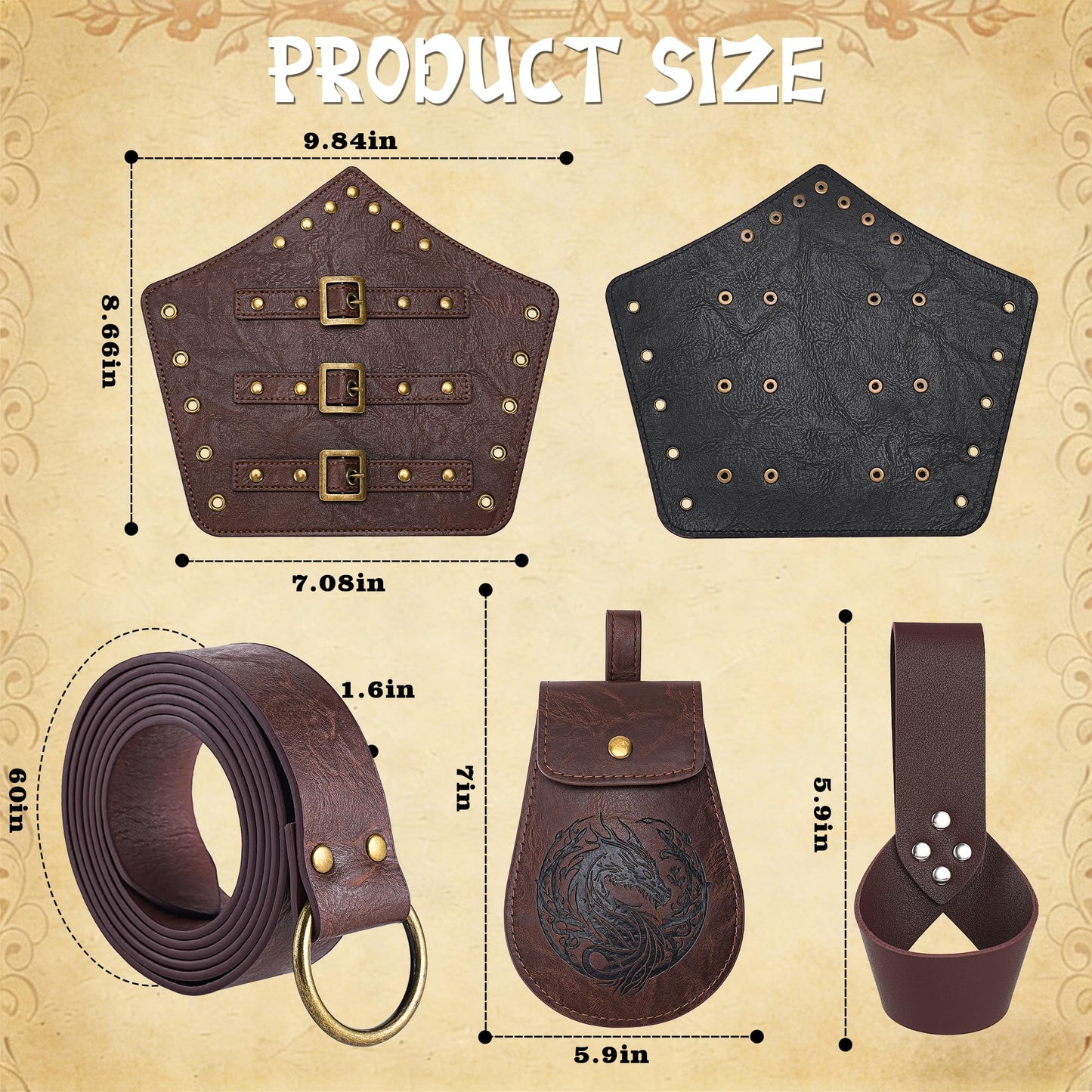 Leadinor 5 Pcs Renaissance Accessories, Medieval Viking Belt Pouch Leather Bracers Sword Frog for Halloween Costume (Brown)