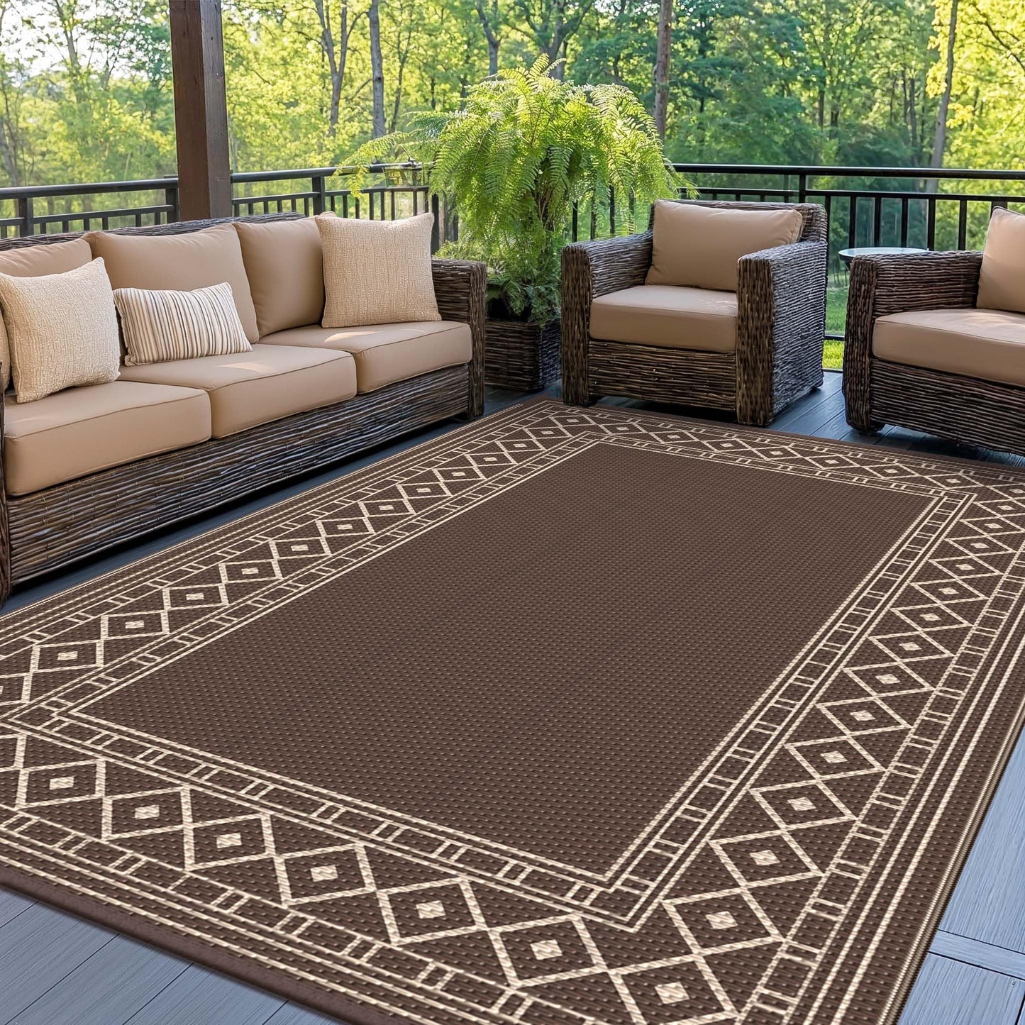 GENIMO Outdoor Rug Waterproof for Patio Decor, 5'x8' Reversible Plastic Straw Rug Carpet, Camping Mat for Outdoor, RV, Backyard, Deck, Balcony, Picnic, Beach, Coffee & Beige