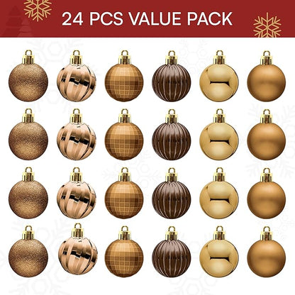 JOIEDOMI 24 Pcs Brown Christmas Balls Ornaments Set, 2.36" Christmas Tree Ornaments Shatterproof, Xmas Balls Hanging Decorations for Tree Wreath Garland Holiday Wedding Indoor Party Decor