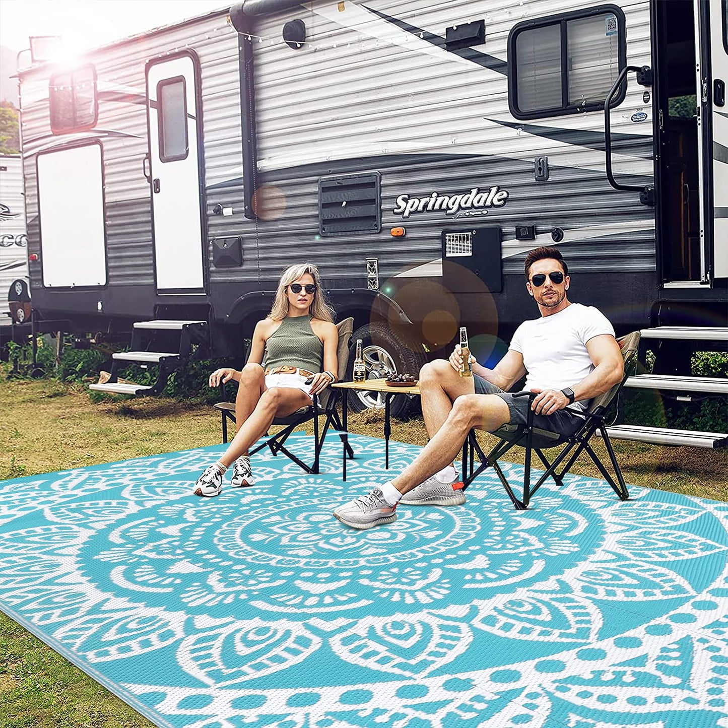 Bsmathom Waterproof Outdoor Rug 6'x9' Reversible Boho Plastic Straw Patio Deck Camping Rugs, Indoor Outdoor Portable RV Mat Clearance Carpet for Outside, Porch, Balcony, Backyard, Beach, Pool,Teal