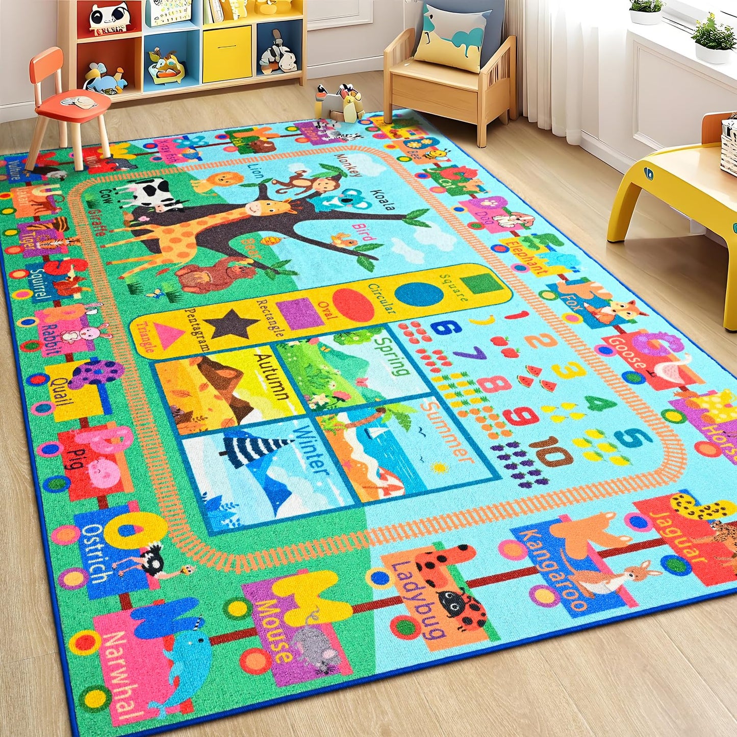 Zedrew Kids Rug for Playroom, 4x6 ABC Educational Carpet for Classroom, Fun Alphabet Area Rugs for Learn Numbers Season Animal Weather and Shapes Playmat for Girls Boys Room Nursery Decor