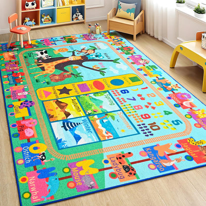 Zedrew Kids Rug for Playroom, 4x6 ABC Educational Carpet for Classroom, Fun Alphabet Area Rugs for Learn Numbers Season Animal Weather and Shapes Playmat for Girls Boys Room Nursery Decor