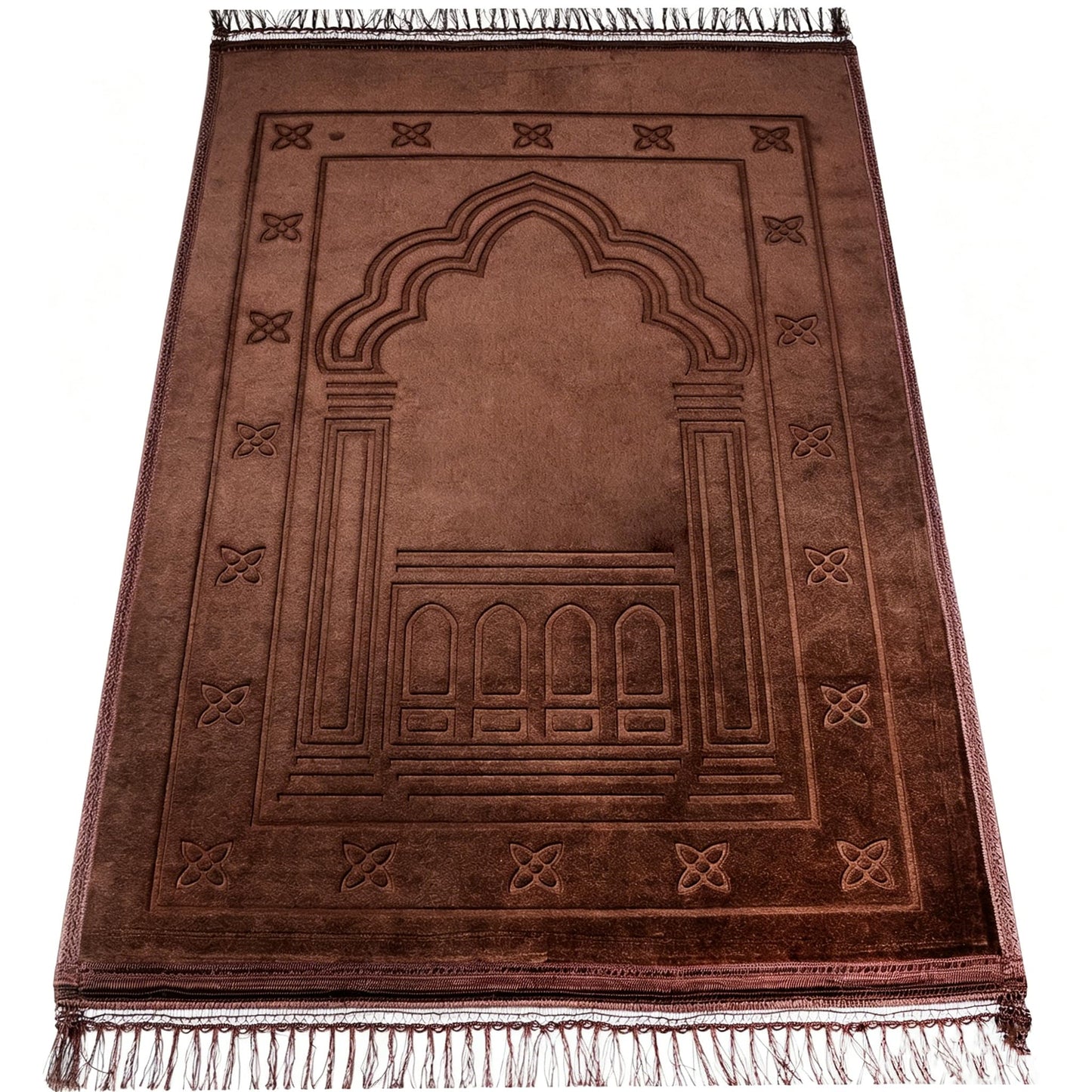 BARQENOR Brown Muslim Prayer Rug Soft Velvet Islamic Sajadah Prayer Mat with Tassels 31.5 x 47.2 in