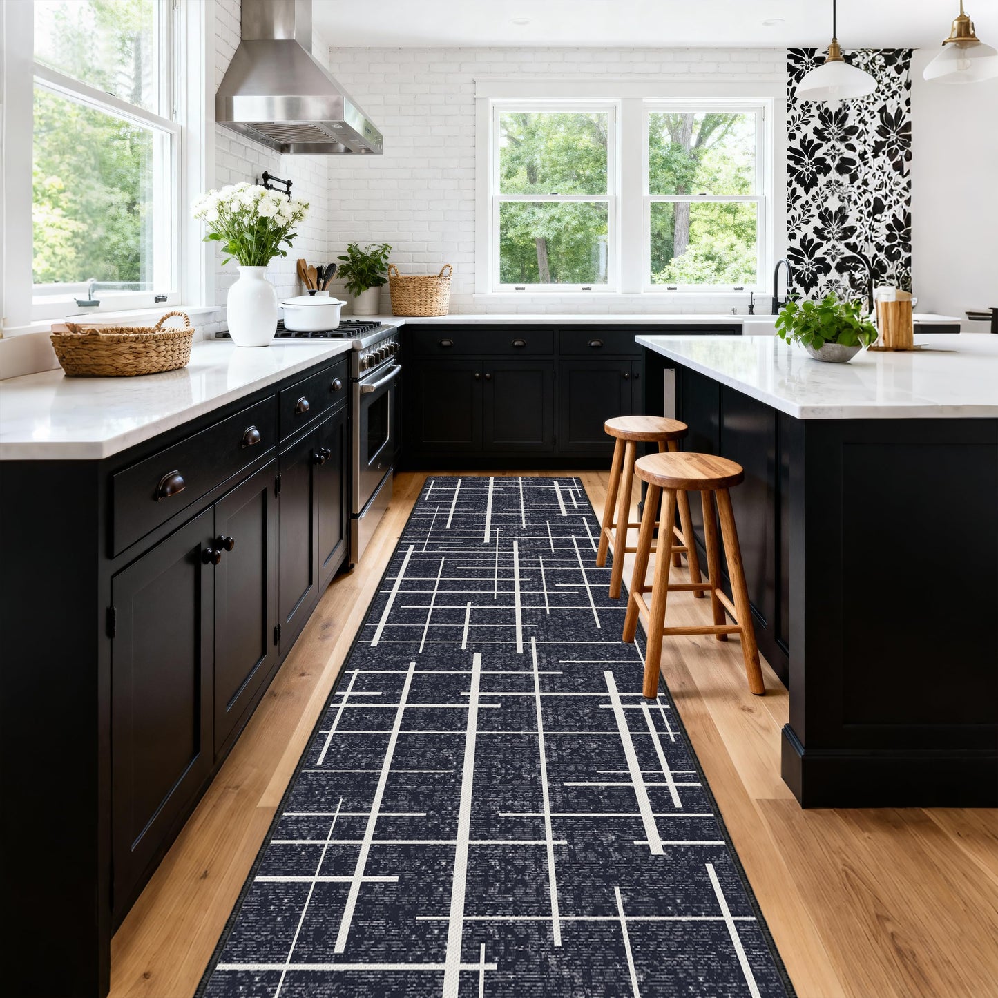 TTelephant Non Slip Hallway Runner Rug 2.6x12, Modern Distressed Stripe, Washable Extra Long Rug, Woven Thin Low Pile Carpet Runners for Hallway 12ft Entryway, Kitchen, Walkway- Midnight Black