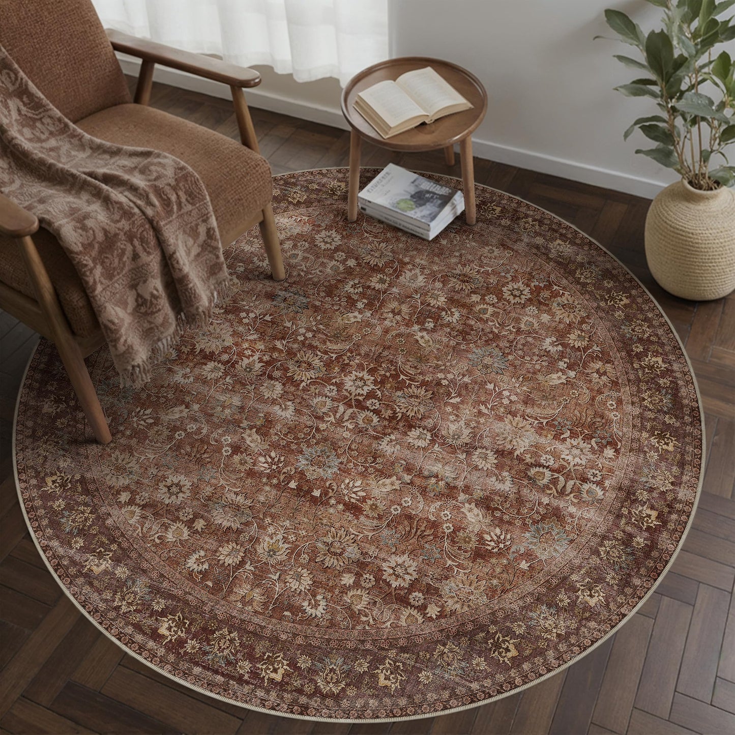 HUGEAR Round Rug 4ft Entryway Rugs Machine Washable Brick Red Hallway Area Rug 4x4 Small Circle Accent Rug Floral Low Pile Carpet Soft Throw Rug Living Room Office Laundry Room Entrance Non Slip