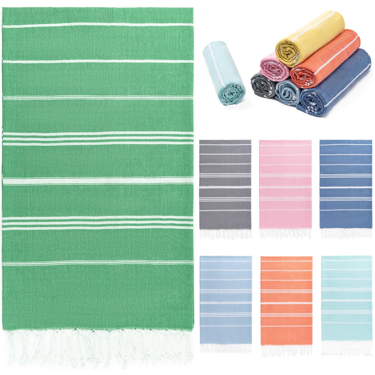 Aegero Turkish Beach Towel, 36"x71" Quick Dry Sand Free Oversized Bath Pool Swim Towel, Lightweight Travel Turkish Towels Vacation Essentials, Green