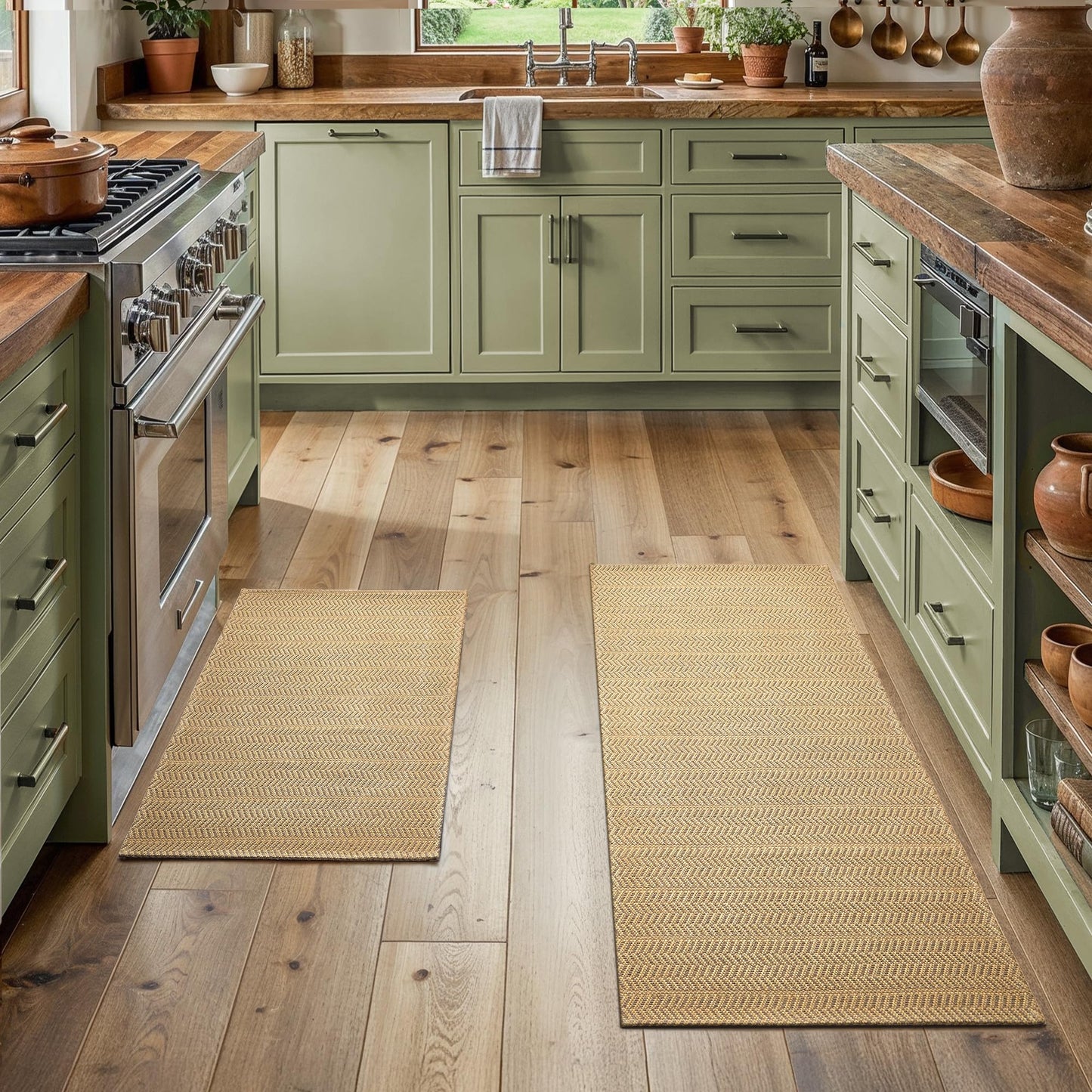 MatEssenz Kitchen Rugs Set of 2, 20" x 30" + 20" x 48" Non Slip Washable Kitchen Mats for Floor, Absorbent Low Profile Sink Runner, Durable Herringbone Woven Farmhouse Rug, Khaki