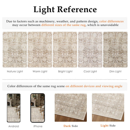 WondRg 8x10 Beige Washable Neutral Area Rug Living Room Floral Non Slip Low Pile Large Rug Vintage Traditional Stain Resistant Distressed Carpet Bedroom Dining Room Office Playroom