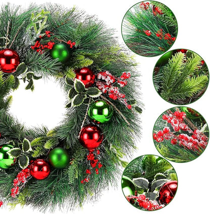 Christmas Wreath, 24inch Christmas Wreaths for Front Door, Artificial Wreaths with Wreath Hanger, Autumn and Winter, Indoors,Outdoors, corridors, Offices. (Green)