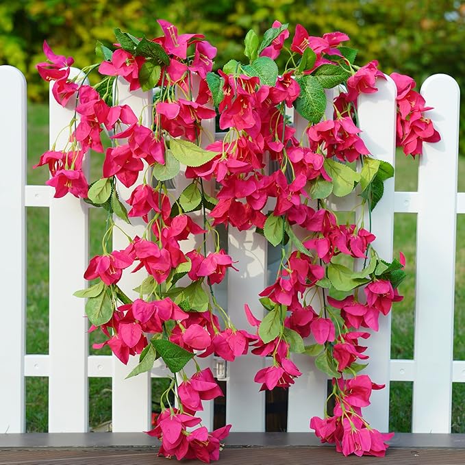 2PCS Bougainvillea Artificial Hanging Flowers Plants for Outdoors Outside Fall Decoration, Faux Silk Flowers Fake Vines UV Resistant Look Real Realistic for Front Door Porch Planter Balcony, Hotpink
