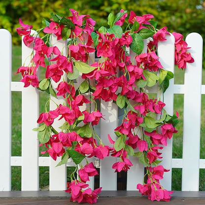 2PCS Bougainvillea Artificial Hanging Flowers Plants for Outdoors Outside Fall Decoration, Faux Silk Flowers Fake Vines UV Resistant Look Real Realistic for Front Door Porch Planter Balcony, Hotpink