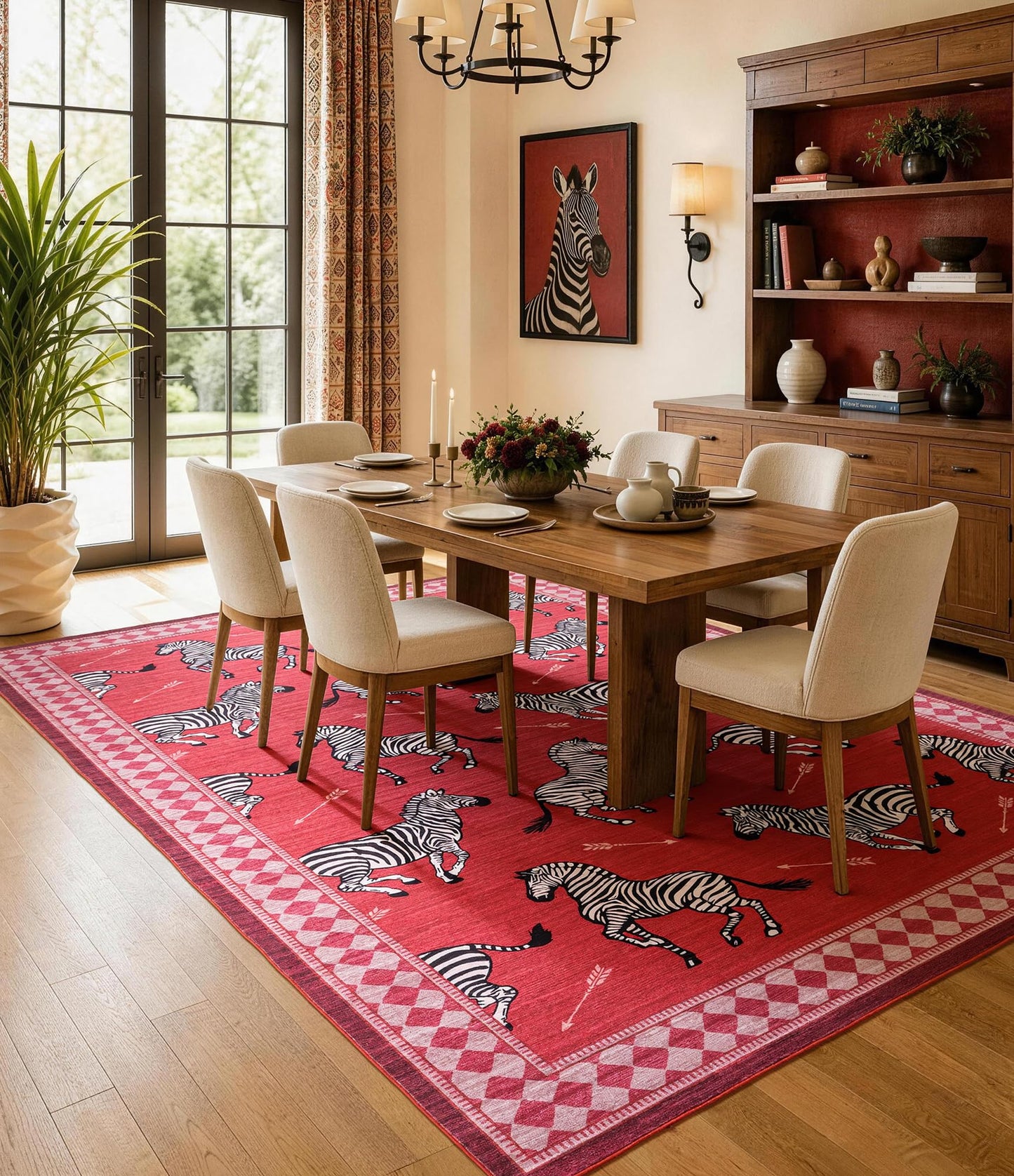 YIHOUSE Red Zebra Area Rugs 5×7, Washable Animal Print Rug with Checkered Border, Non-Slip Low Pile Mid-Century Modern Carpet for Living Room, Bedroom, Dining Room, Home Decor