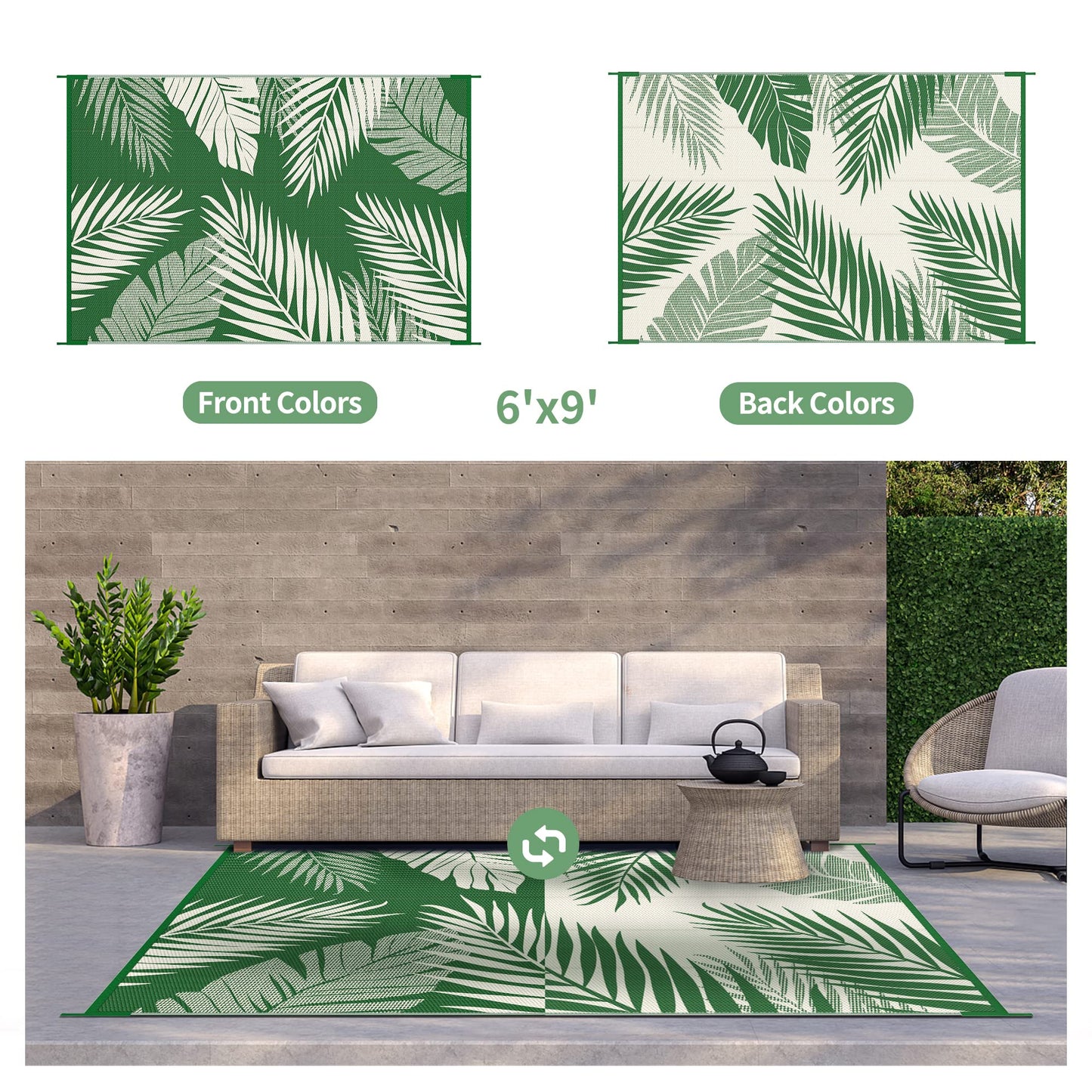 GENIMO Outdoor Rug 6' x 9' Waterproof for Patios Clearance, Reversible Outdoor Plastic Straw Camping Rug Carpet, Large Area Rugs Mats for RV, Picnic, Backyard, Deck, Balcony, Porch, Dark Green&White