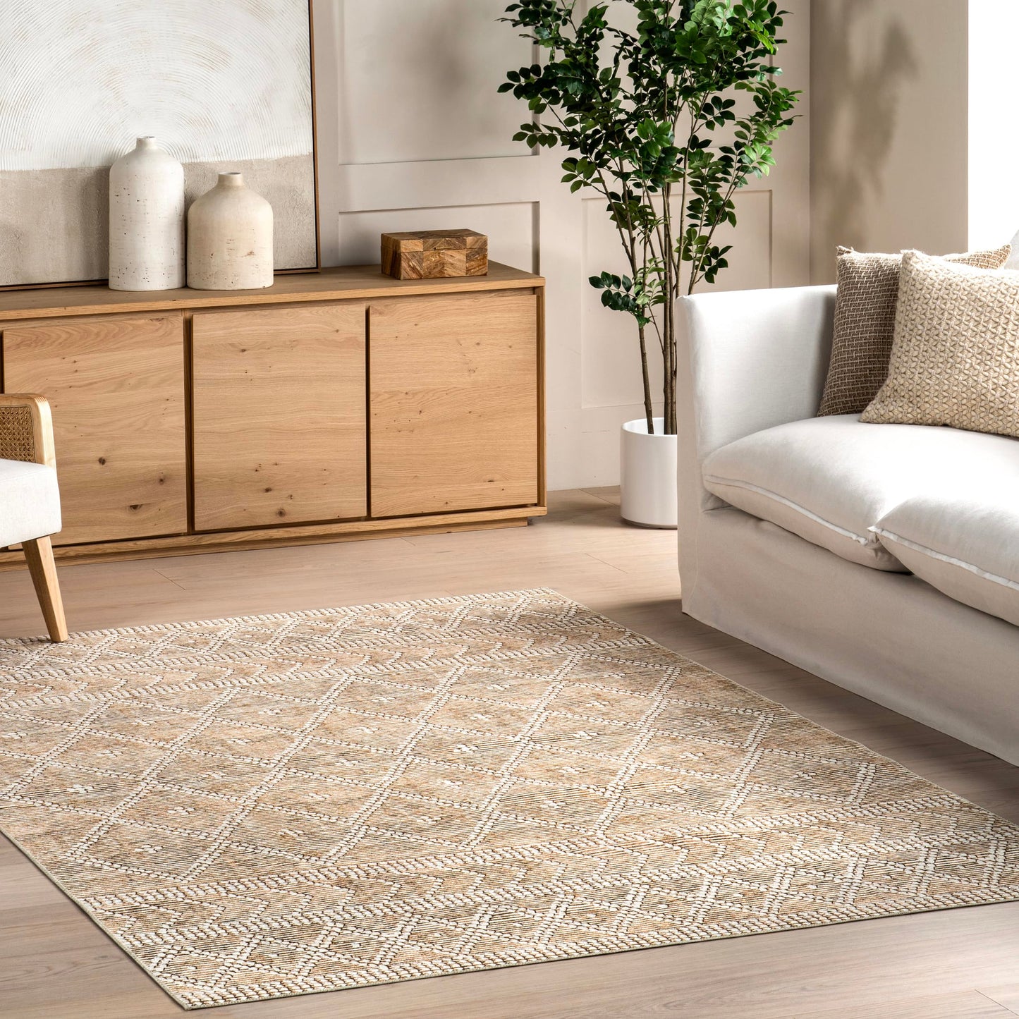 Nuloom Splashguard Úna Tan/Ivory, 4' x 6', Geometric, Soft and Cozy, High Traffic, Stain Resistant, Easy Clean, Durable, Machine Washable Area Rug for Bedroom, Living Room, Dining, Den, Foyer
