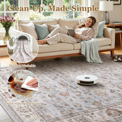 WITSHOCK 5x7 Vintage Floral Area Rug, Washable Non Slip Low Pile Carpet for Living Dining Bedroom Nursery, Stain Resistant, Vacuum Friendly Foldable, Pet & Kid Safe (Blue Gray)