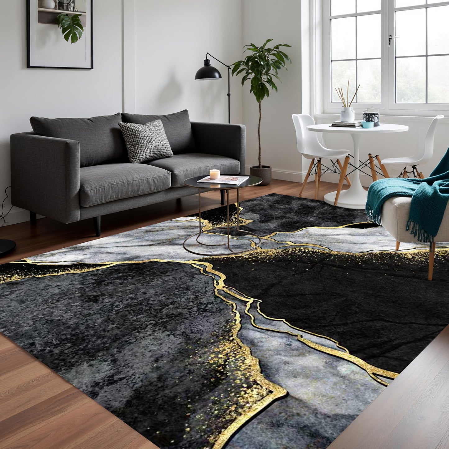 Modern Aesthetic Grey Black Gold Marble Abstract Area Rug 5x7 Non-Shedding Soft Rug for Livingroom Bedroom Diningroom Indoor Office Kitchen Floor Carpet